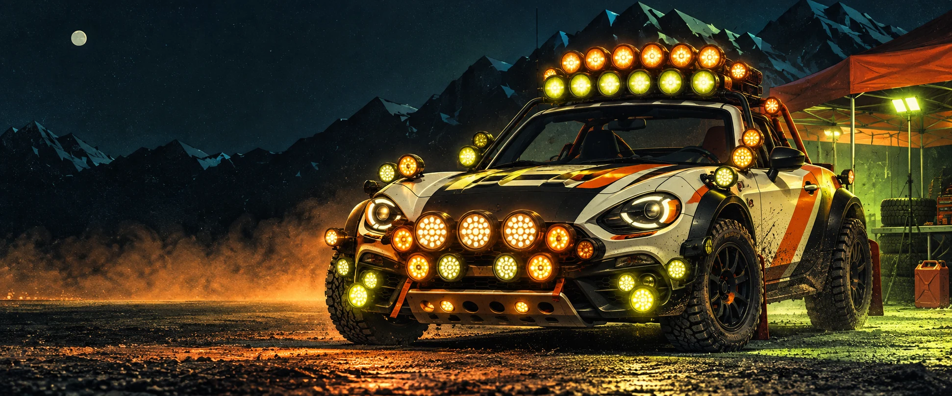 An AI-generated heavily modified Abarth rally car covered with an absurd number of fog lights