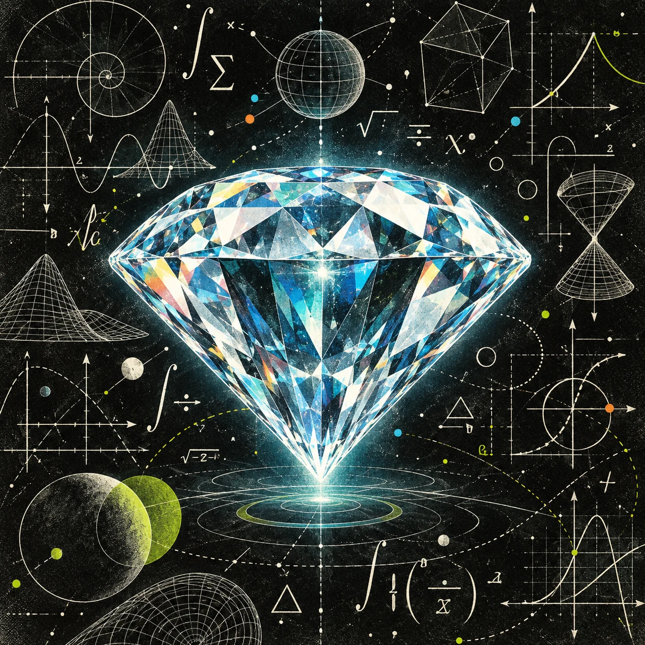 An AI-generated diamond floating among calculus equations and graphs