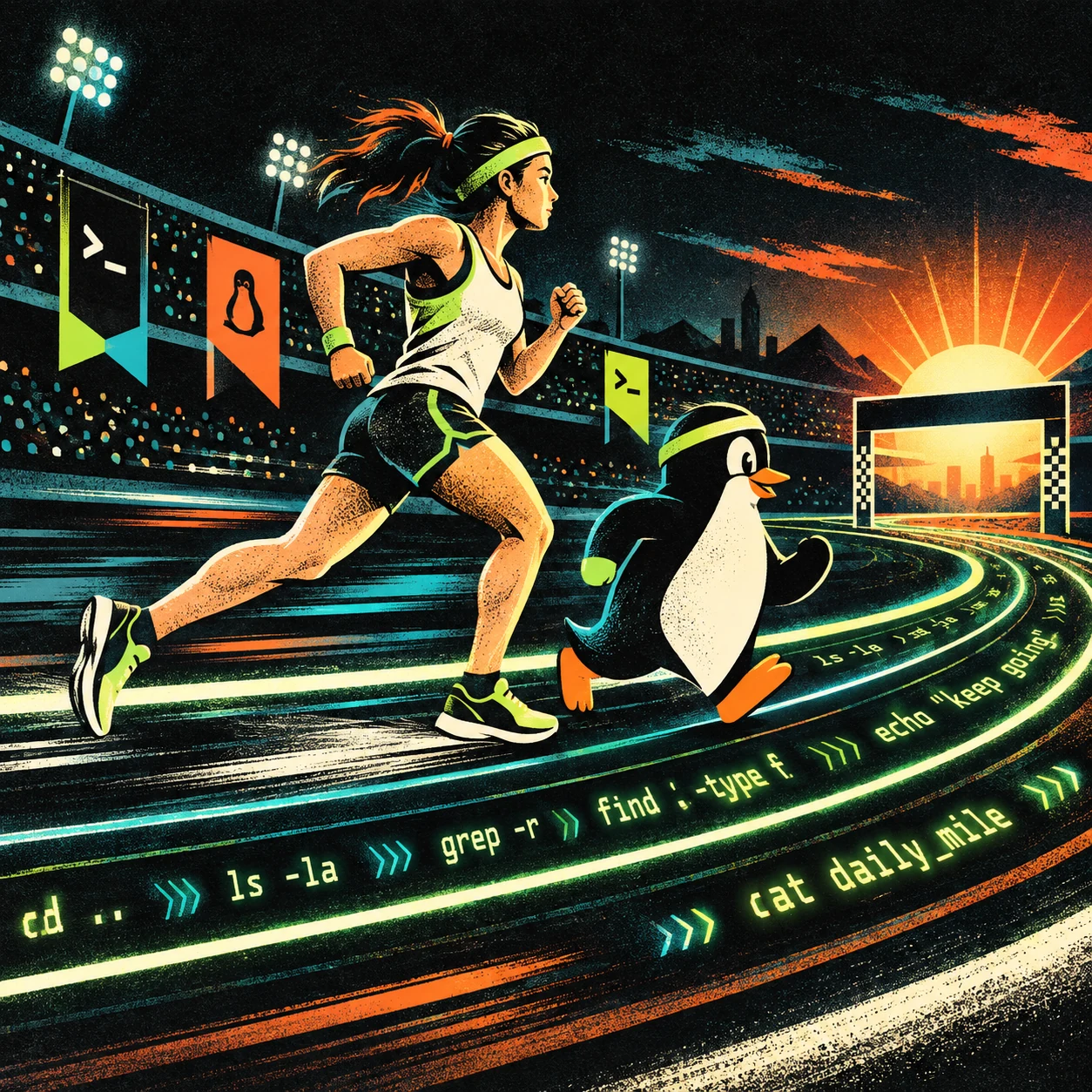 An AI-generated runner and friendly penguin racing on a glowing terminal track