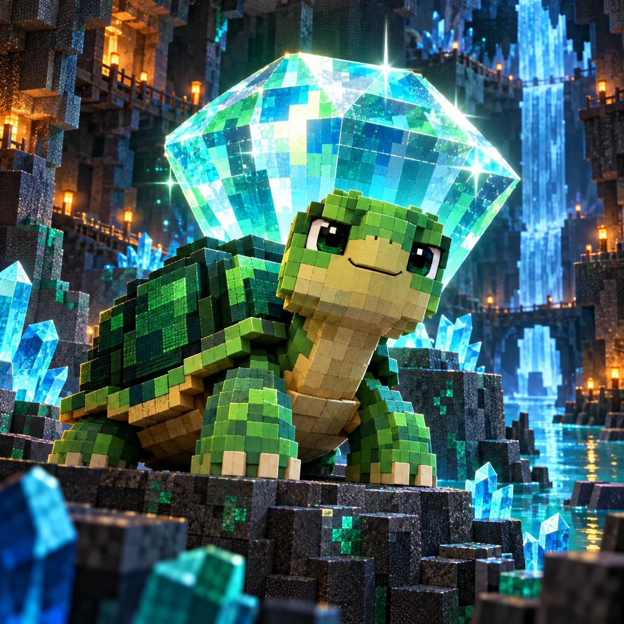 An AI-generated blocky turtle guarding a giant diamond in a voxel cave