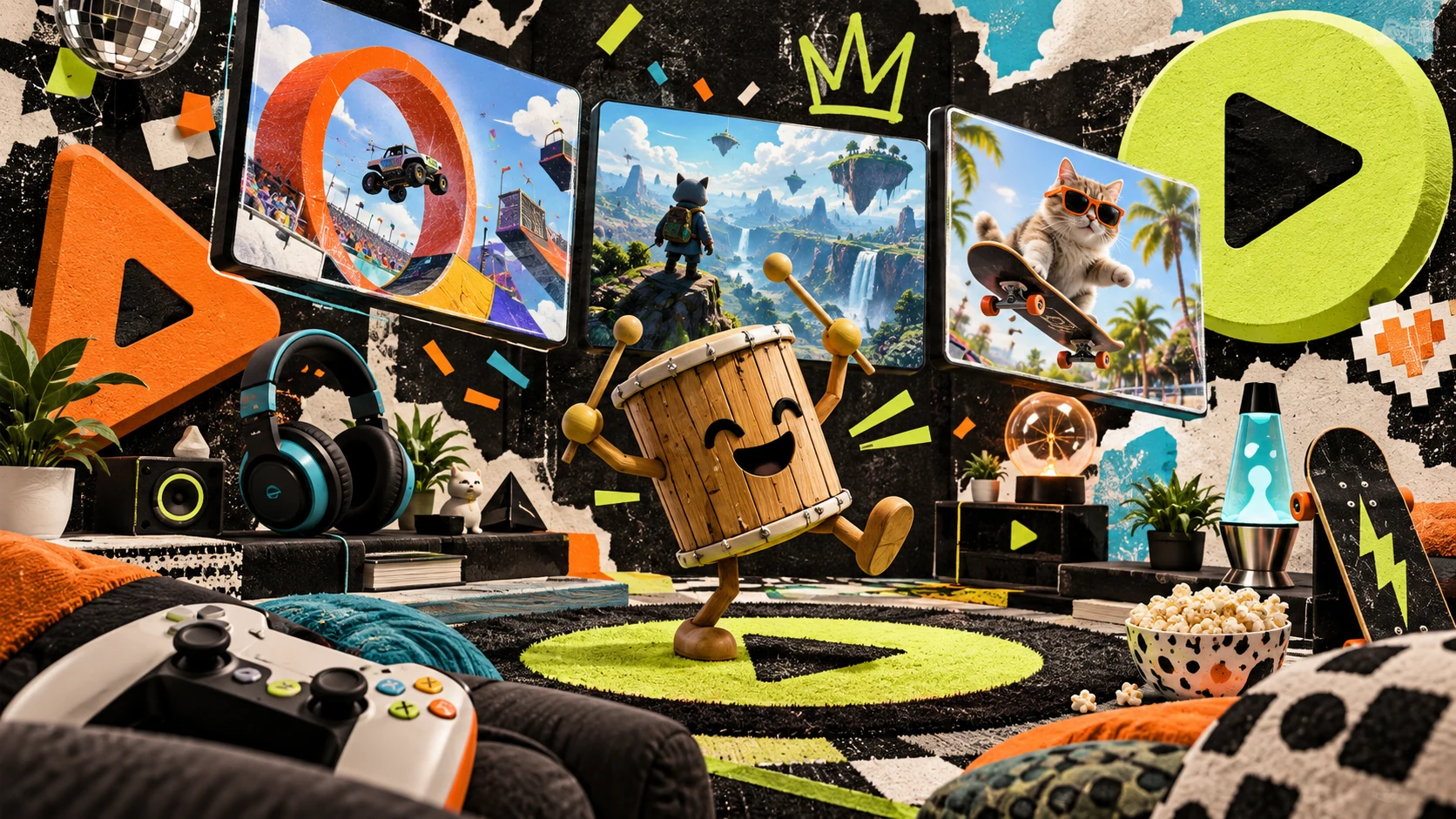 An AI-generated playful video command center with floating screens and a dancing wooden drum character
